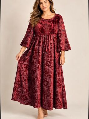 Women's Red Velvet burnout Midi Dress - Classic Boho Style size M whimsigod